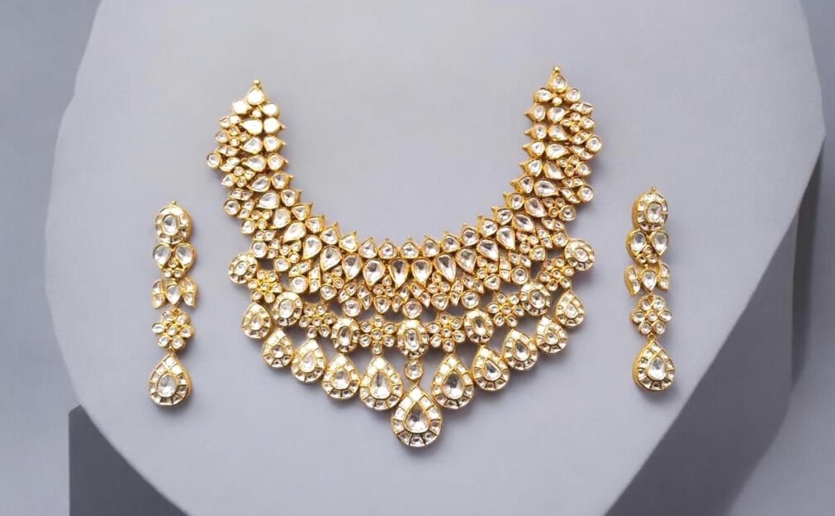 Kundan meena bridal jewellery necklace set with polki & diamonds in 18K gold with detailed meena work