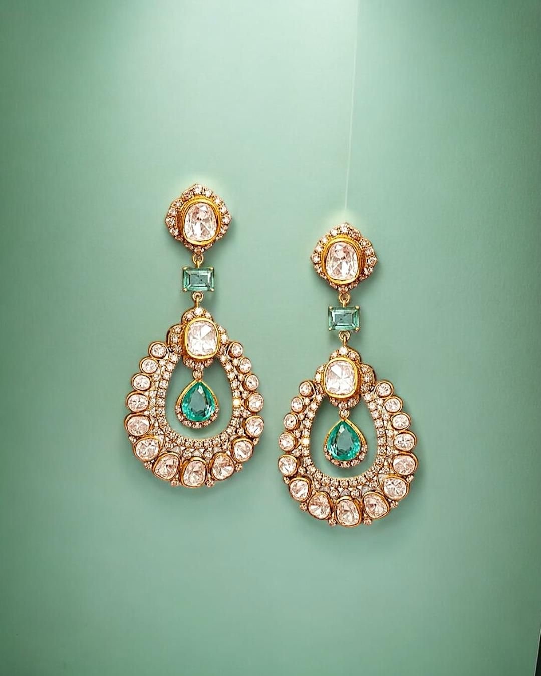 Emerald diamond polki earrings in 18K gold by taparia jewels