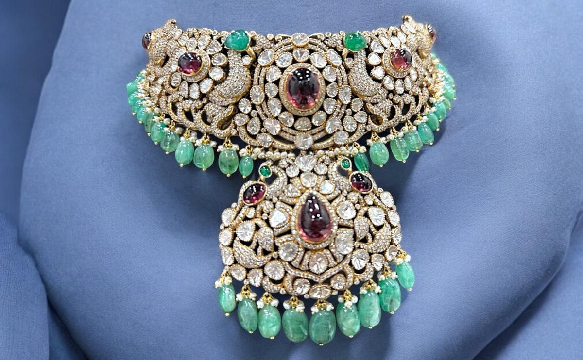 bridal polki choker with real emeralds and ruby diamond by taparia jewels bridal jewellery necklace set C-Scheme