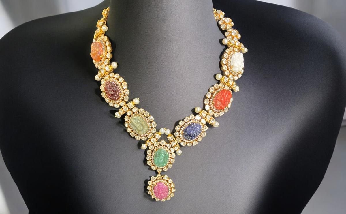 navratan neckalce in 18k gold with diamond and polki by taparia jewels