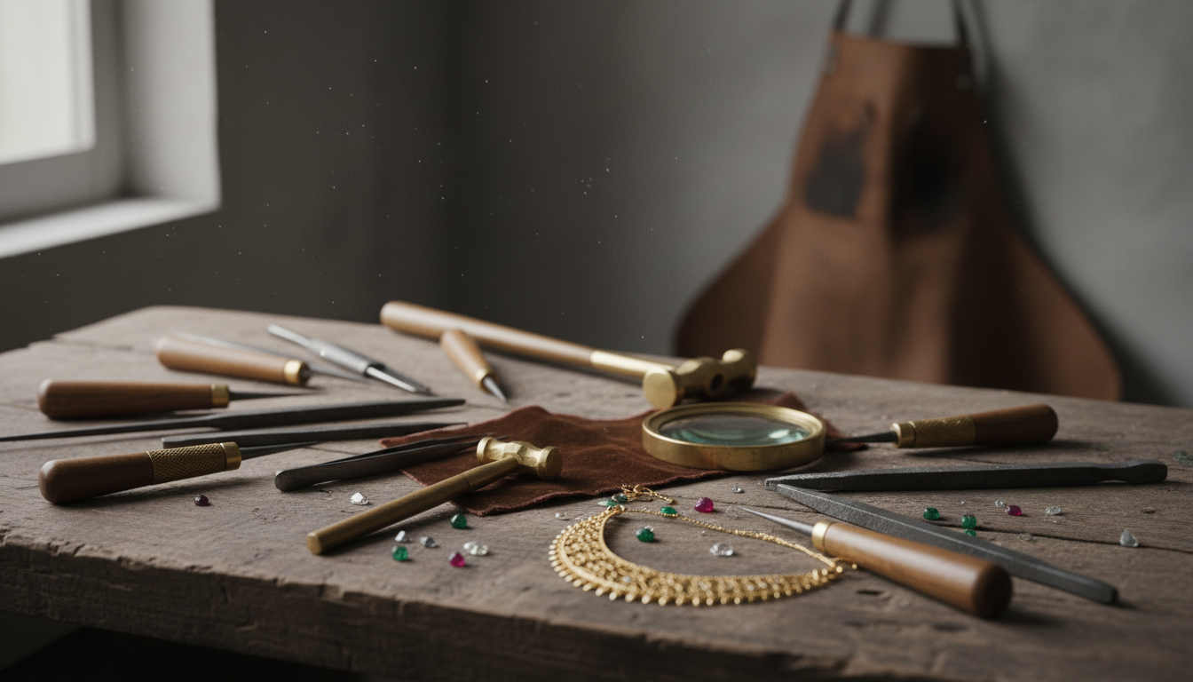 authentic jewellery brand office workspace with artisans creating kundan meena jewellery