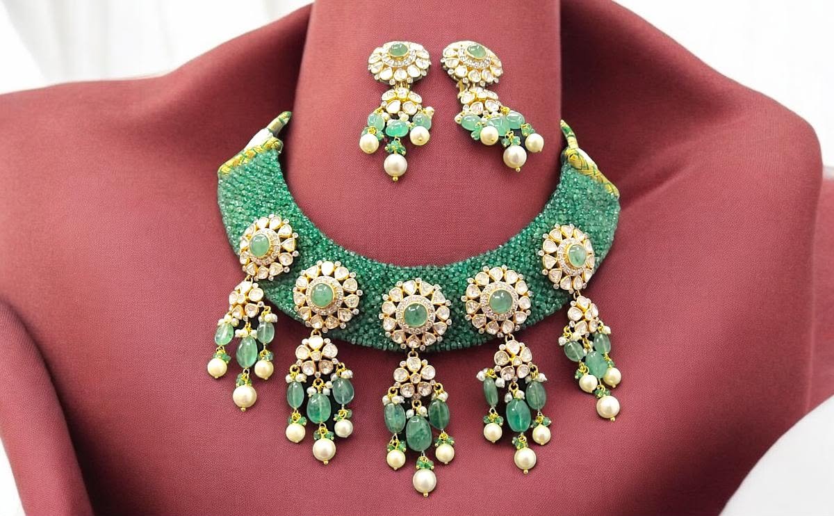 natural Zambian Colombian emerald Polki necklace Jaipur manufacturer