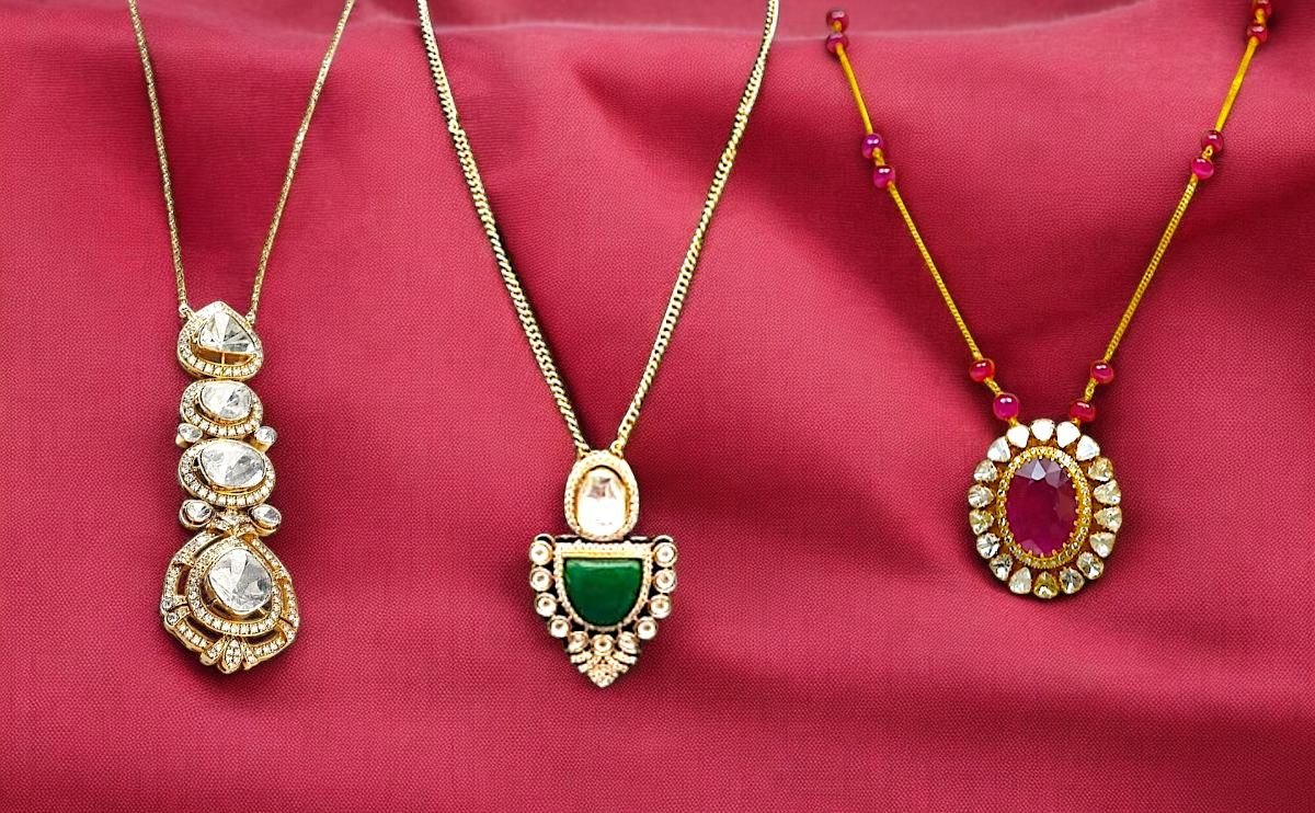 pearl emerald ruby Polki diamond pendant Manufacturer Jaipur18K gold Taparia Jewels