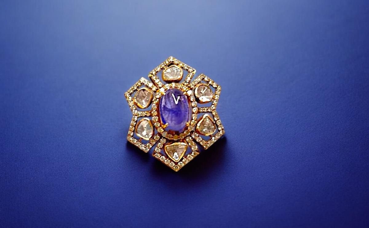 Tanzanite Polki Ring Jaipur handcrafted 18K gold Taparia Jewels