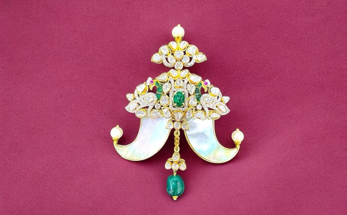 Polki Diamond Brooch Jaipur Emerald Ruby Tanzanite Peacock Taparia Jewels