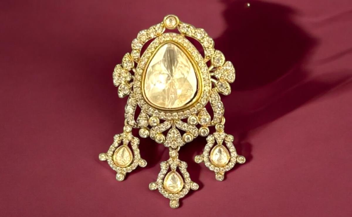 Groom Jewellery Jaipur: handcrafted brooch and kada detail in 18K polki diamond